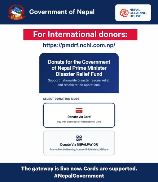 Government of Nepal notice confirming the relief fund gateway accepts international cards and NepalPay QR