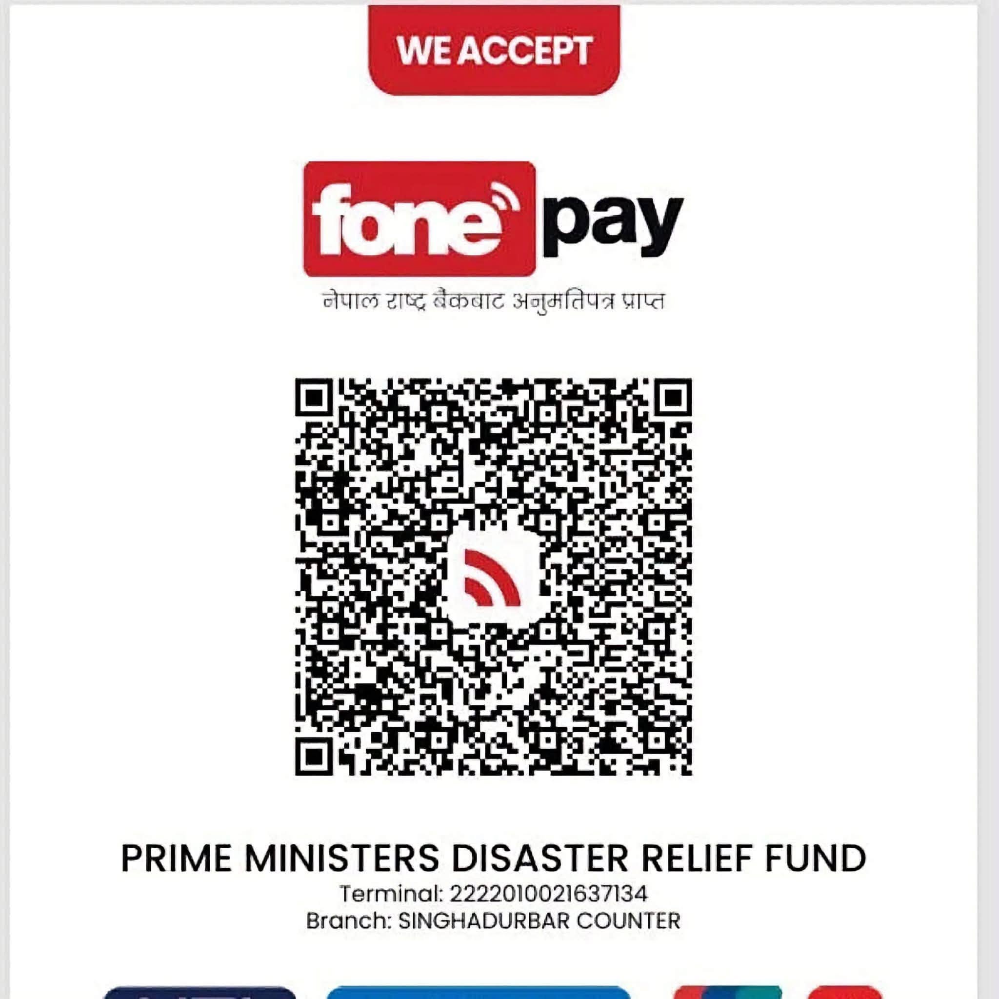 Fonepay QR code for the Prime Minister's Disaster Relief Fund, Singhadurbar counter
