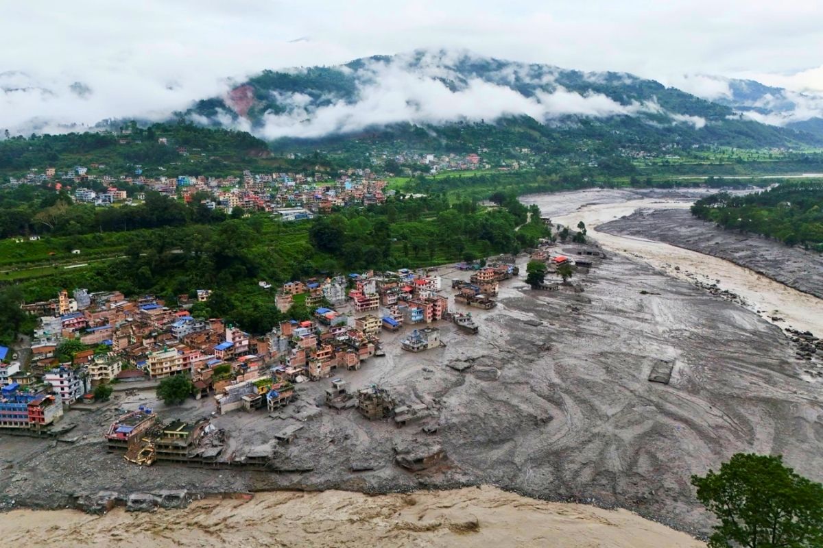 Aerial view of the flood-scoured Bhotekoshi corridor in Rasuwa after the 26 August 2026 surge